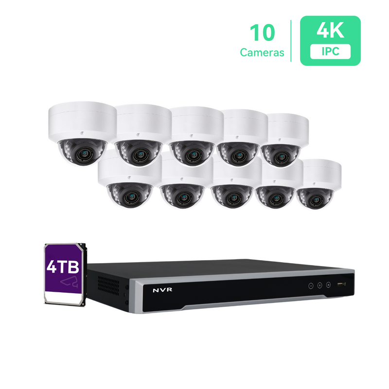 Sistema de cámara de seguridad IP PoE 4K de 16 canales NVR 4K de 16 canales y 10 cámaras IP PoE domo de 8 MP para exteriores con disco duro de 4 TB
