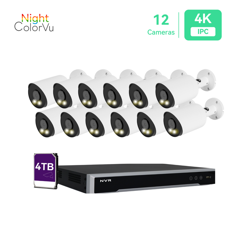 16 Channel 4K IP PoE Security Camera System 16ch 4K NVR and 12 8MP Colorful Night View Bullet PoE IP Cameras with 4TB HDD Support Audio Night Vision POE Plug-n-Play