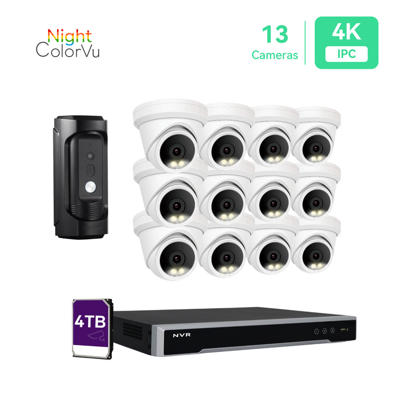 16 路 PoE 摄像头系统，(12) 个带视频门铃的 4K 夜间 ColorVu 摄像头，4TB 硬盘