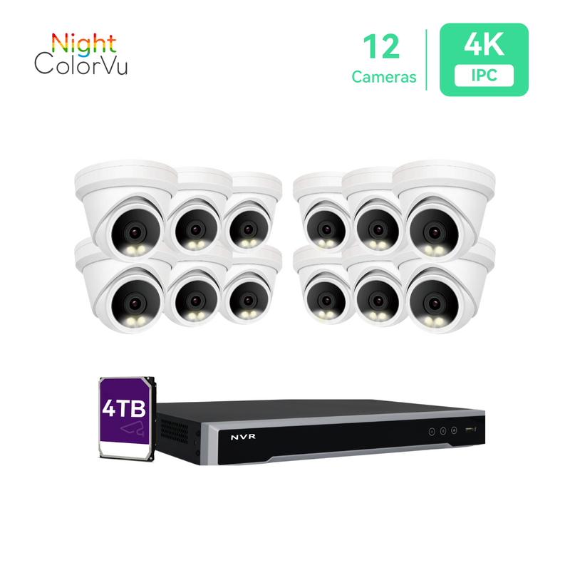 Système de caméra de sécurité IP PoE 16 canaux 4K NVR 16ch 4K et 12 caméras IP PoE à tourelle de vision nocturne colorée de 8MP avec prise en charge du disque dur 4 To Vision nocturne audio POE Plug-n-Play