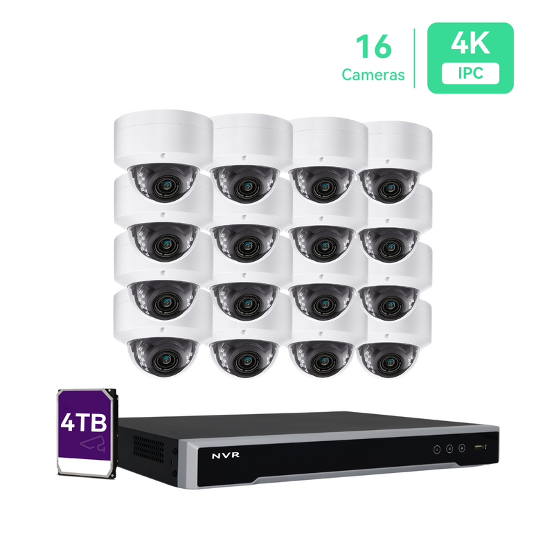 16CH PoE IP Security Camera System with (16) 4K Dome Cameras, 4TB