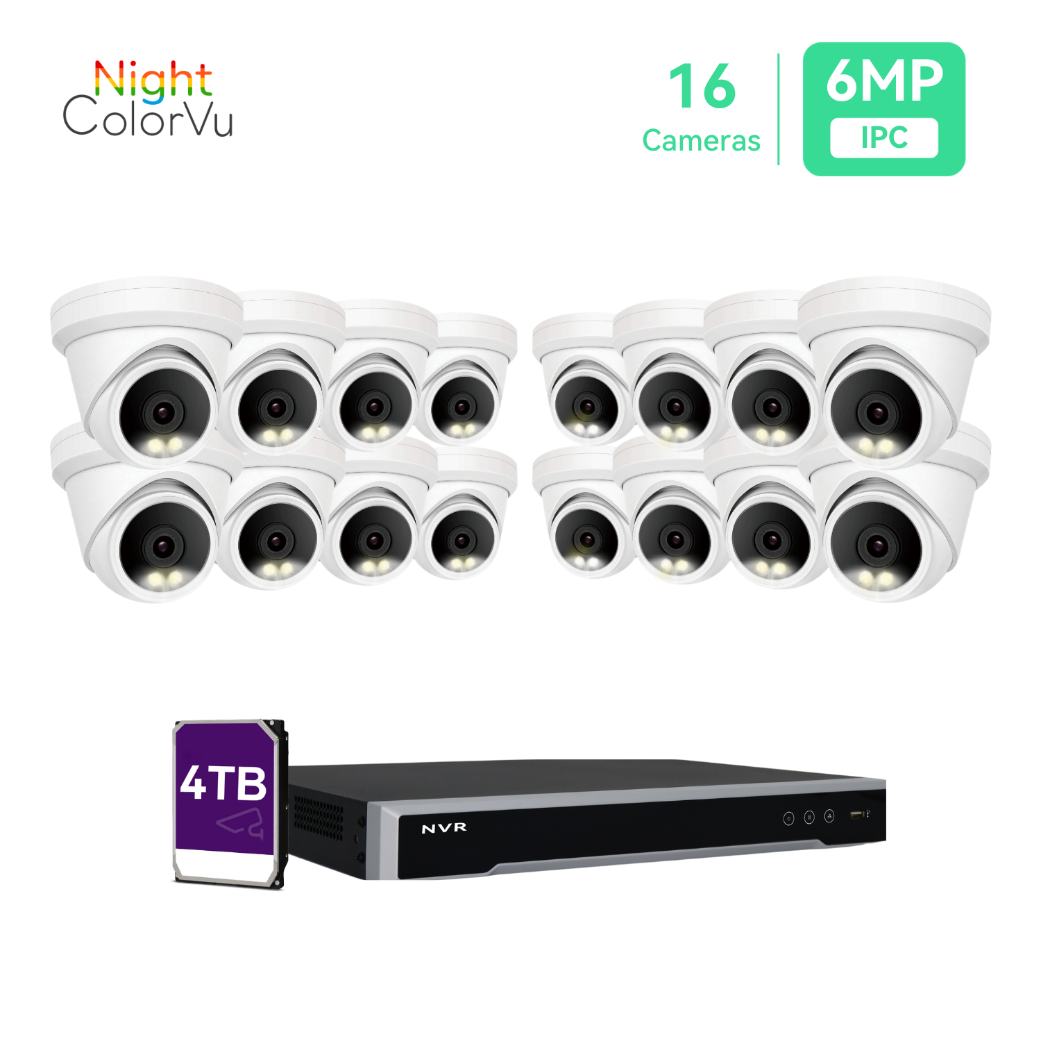 16CH 4K PoE IP Camera System with (16)6MP Night ColorVu Turret Cameras, 4TB HDD