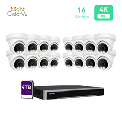 16 Channel 4K IP PoE Security Camera System 16ch 4K NVR and 16 8MP Colorful Night Vision Turret PoE IP Cameras with 4TB HDD Support Audio Night Vision POE Plug-n-Play