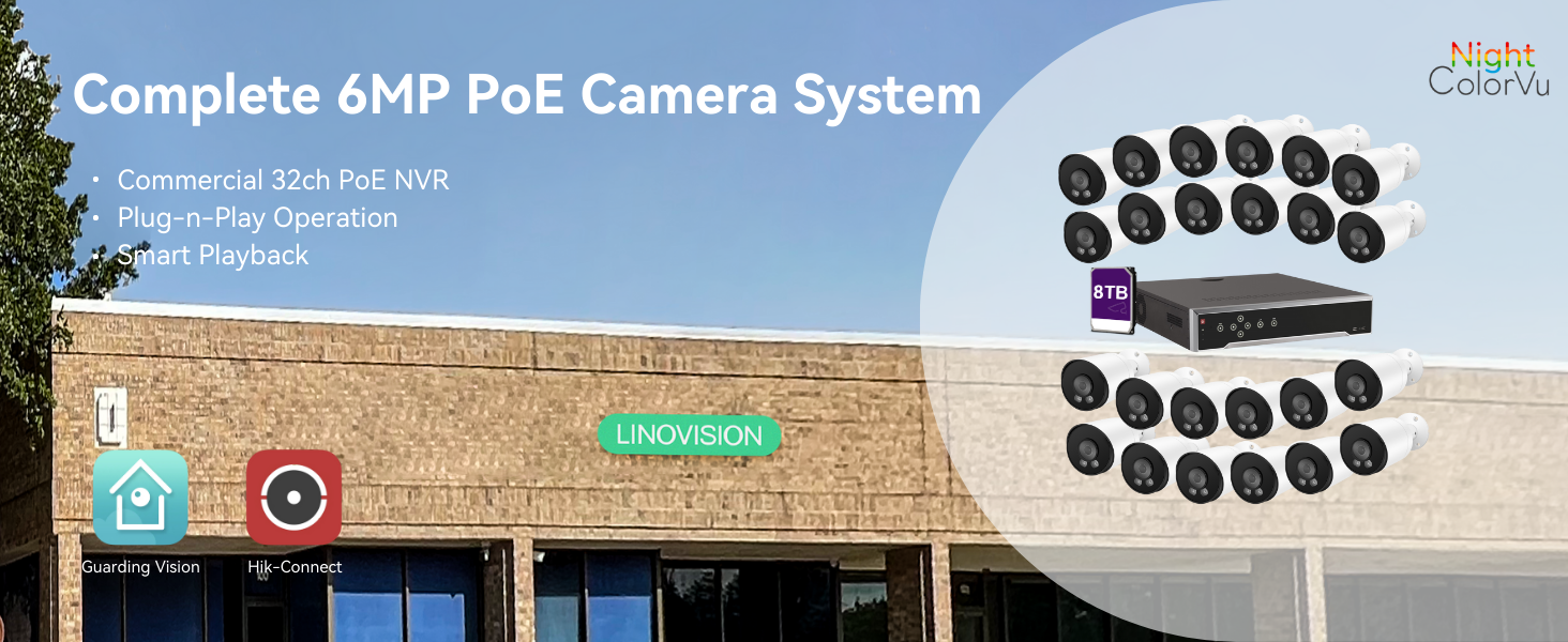 32 Ip Camera 32 Channel 4K PoE IP Camera System with 24* 6MP Bullet Cameras, 8TB HD ...