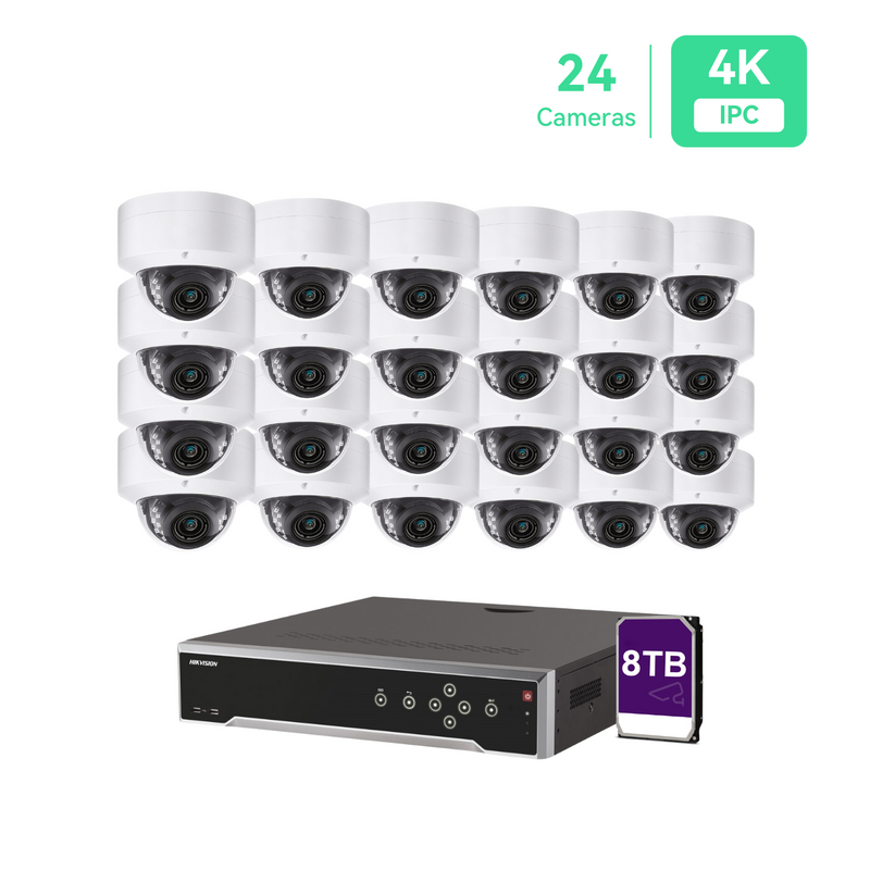 32 路 PoE 4K IP 安防摄像头系统，带 (24) 个 8MP 半球摄像头、8TB 硬盘