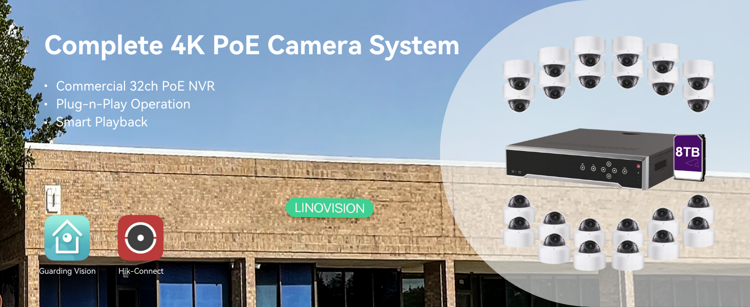 32CH PoE 4K IP Security Camera System with (24) 8MP Dome Cameras, 8TB ...