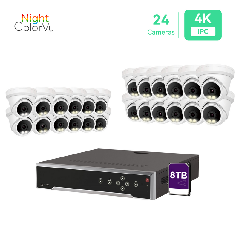 32CH PoE IP Camera System with 24*4K Night ColorVu Turret Cameras, 8TB HDD