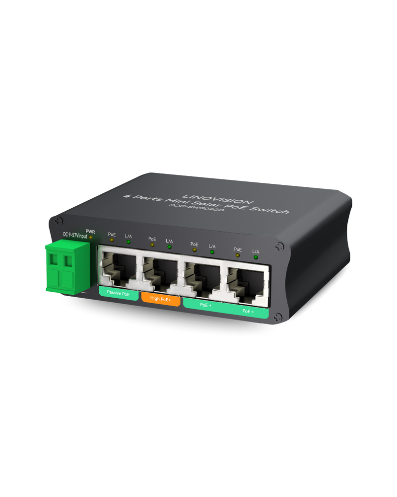 (POE-SW504GD) 4 Ports Mini Solar PoE Switch Optimized for Big PTZ Camera and Wireless Bridges