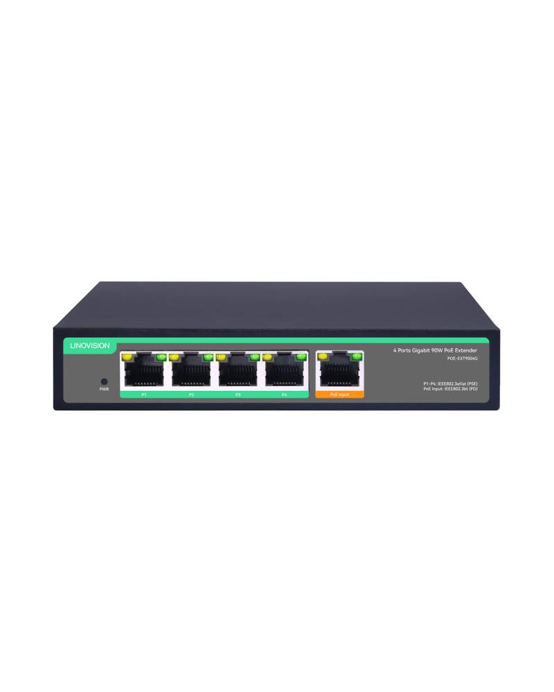 4 Port Gigabit POE Extender with 90W POE Input, 1 in 4 Out POE