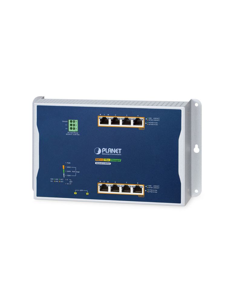 PLANET WGS-4215-8HP2S Flat Wall Mount L2 Managed 8-Port 802.3bt PoE++ Switch, 95W per Port, 360W Total PoE Budget