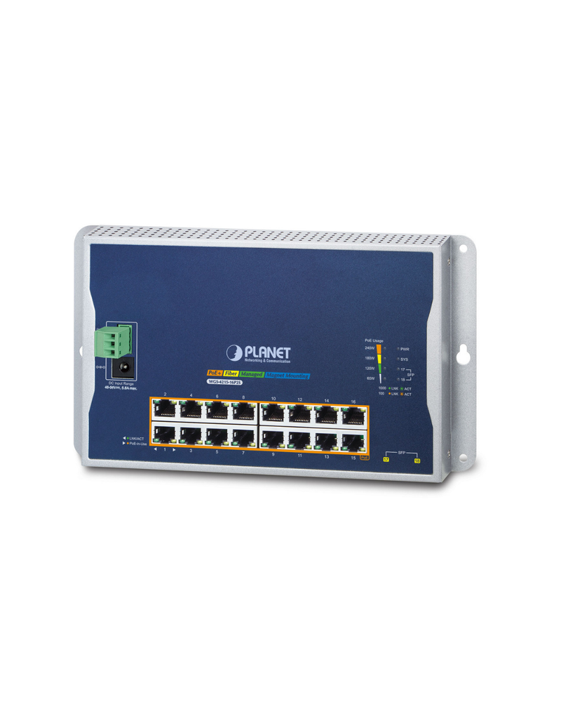 PLANET WGS-4215-16P2S Industrial Flat Wall Mount L2 Managed 16-Port PoE Switch, 240W Total PoE Budget