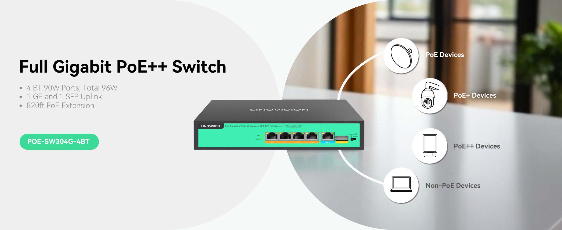 (POE-SW304G-4BT) Full Gigabit 4 Ports Unmanaged 96W 802.3BT PoE++ Swit ...