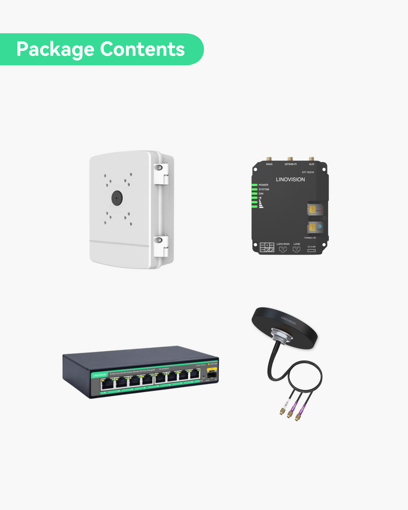 (POE-SWR308G25-R32W) Outdoor 8-Port Remote Cloud Managed PoE Switch with 4G LTE Cellular Connection and Camera Mount