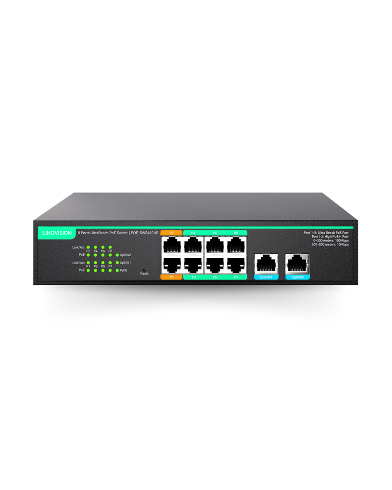 (POE-SWR410UR) 8 Ports UltraReach PoE Switch with Remotely Cloud Management, Long Range PoE and data transmisison Up to 2600ft