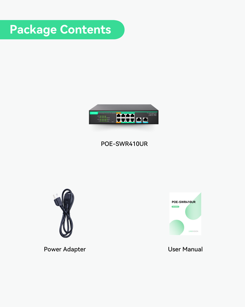 (POE-SWR410UR) 8 Ports UltraReach PoE Switch with Remotely Cloud Management, Long Range PoE and data transmisison Up to 2600ft