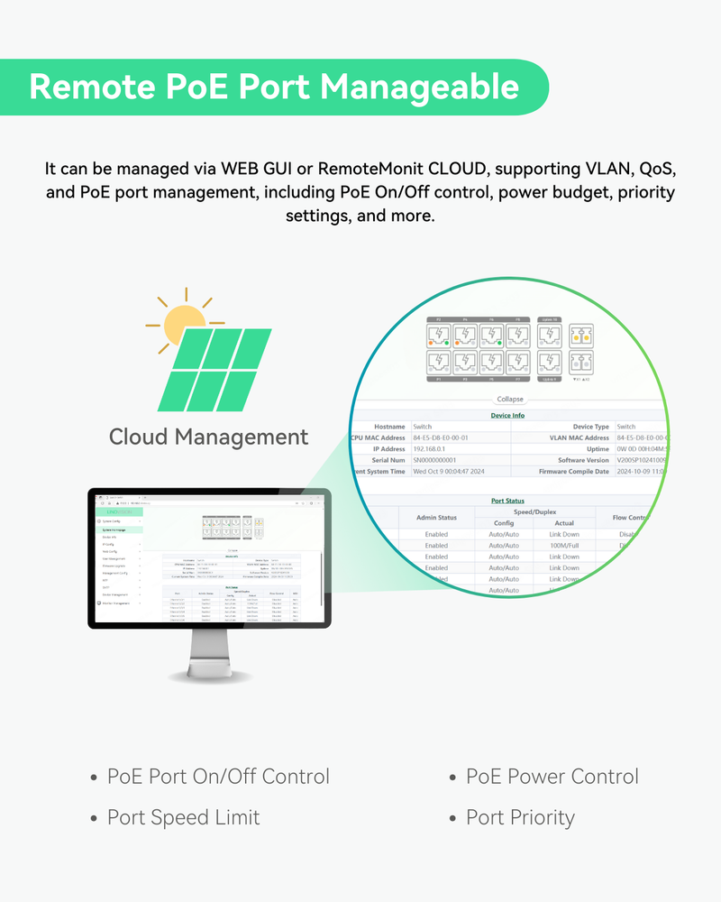 (POE-SWR410UR) 8 Ports UltraReach PoE Switch with Remotely Cloud Management, Long Range PoE and data transmisison Up to 2600ft