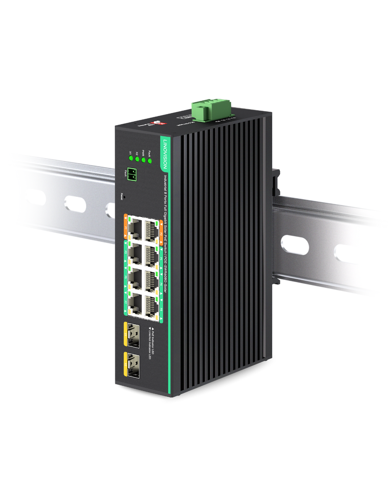 (POE-SWR608G-Solar) Industrial 8 Ports Full Gigabit PoE Switch Support DC 8~57V Input, 24V / 12V PoE Switch for Solar or RV UPS System