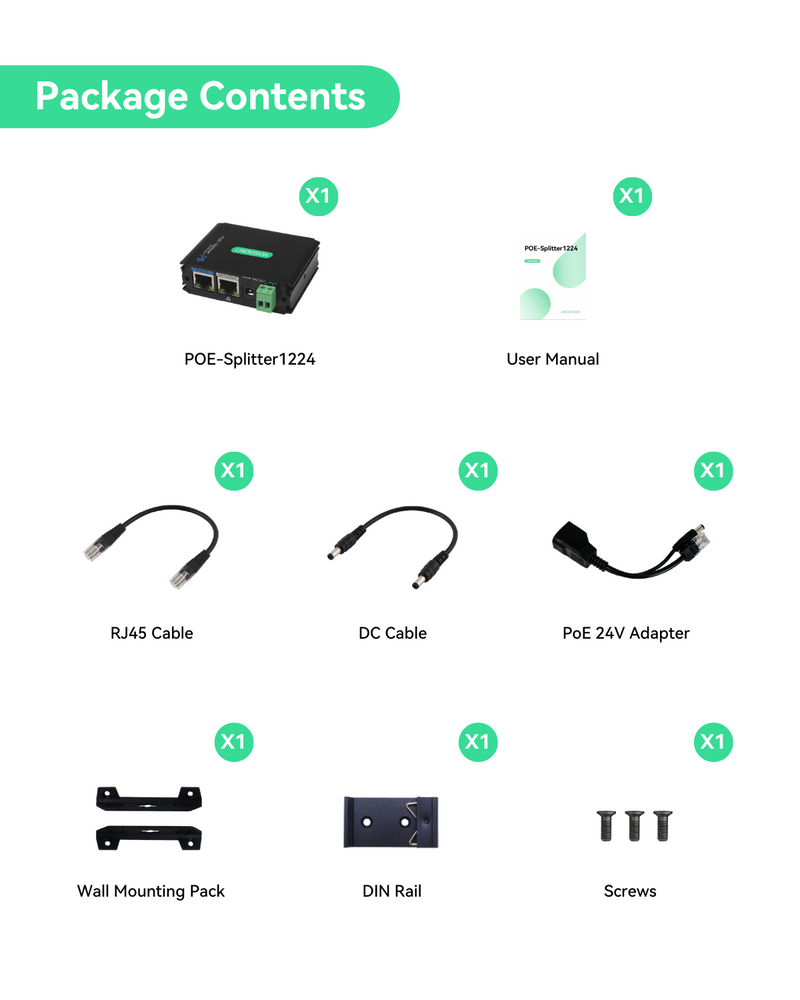 (POE-Splitter1224) Industrial Gigabit POE+ Splitter with DC12V/DC24V/POE 24V Output