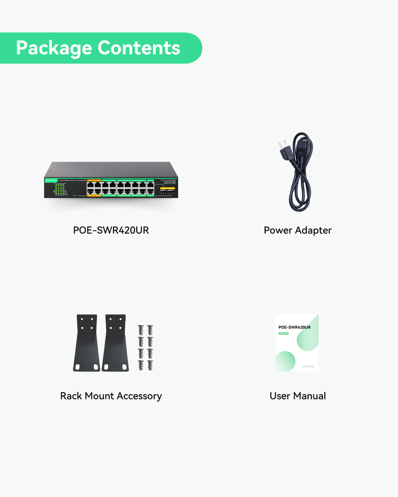 (POE-SWR420UR)16 Ports UltraReach PoE Switch with Remotely Cloud Management, Up to 2600ft Long Range PoE & Data Transmission