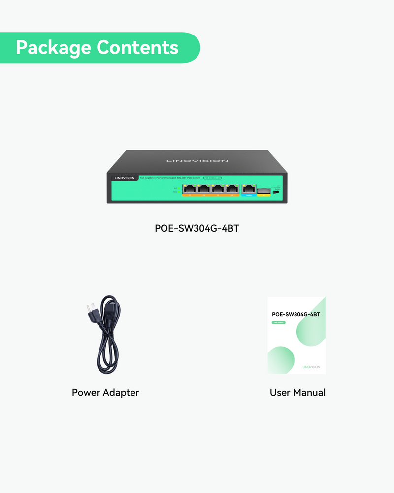 (POE-SW304G-4BT) Full Gigabit 4 Ports Unmanaged 96W 802.3BT PoE++ Switch