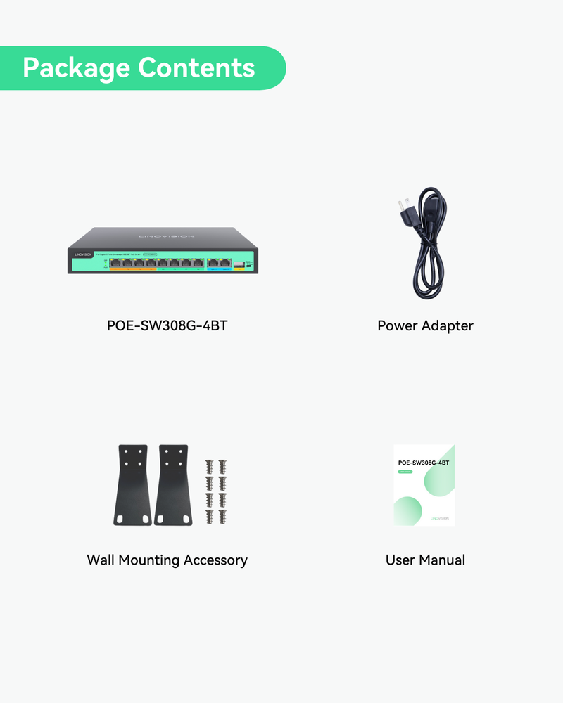 8 Ports Full Gigabit PoE++ Switch, Built-in 120W Power with 4 BT 90W Ports & 4 AT 30W Ports