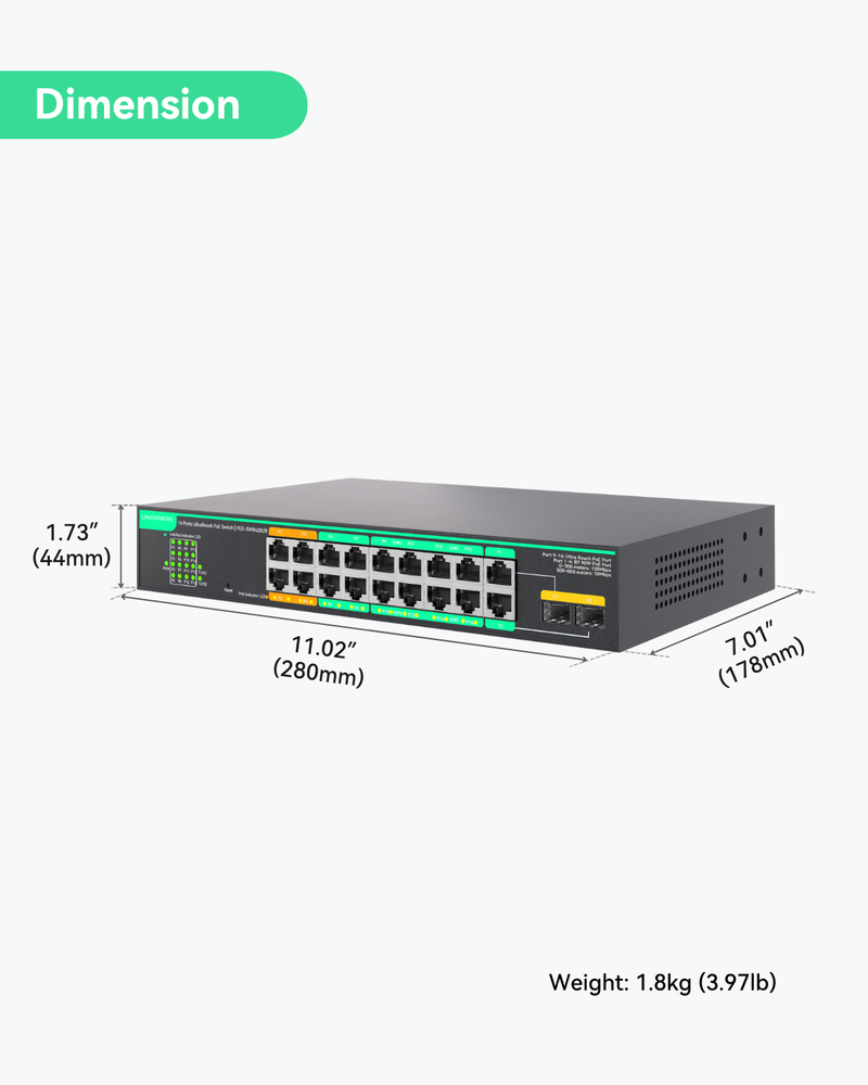 (POE-SWR420UR)16 Ports UltraReach PoE Switch with Remotely Cloud Management, Up to 2600ft Long Range PoE & Data Transmission