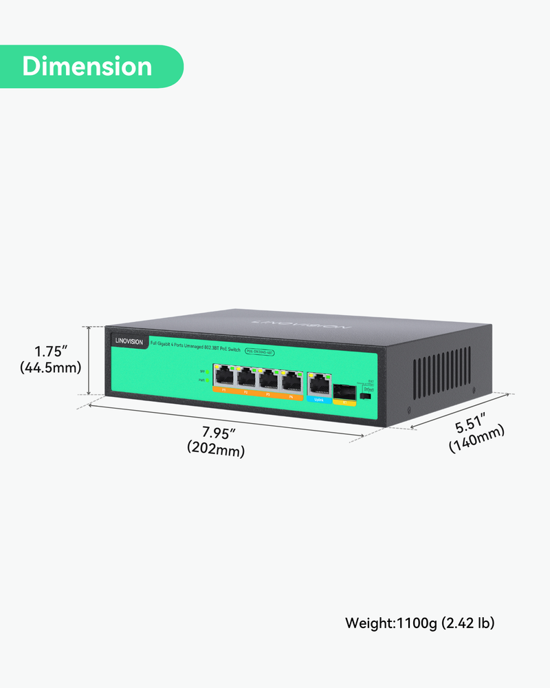 (POE-SW304G-4BT) Full Gigabit 4 Ports Unmanaged 96W 802.3BT PoE++ Switch