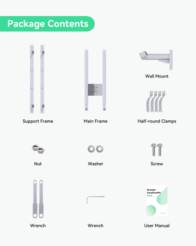 (Bracket-PanelOnePM) Pole mount bracket for solar power panel single unit installation, adjustable width 49cm to 71cm