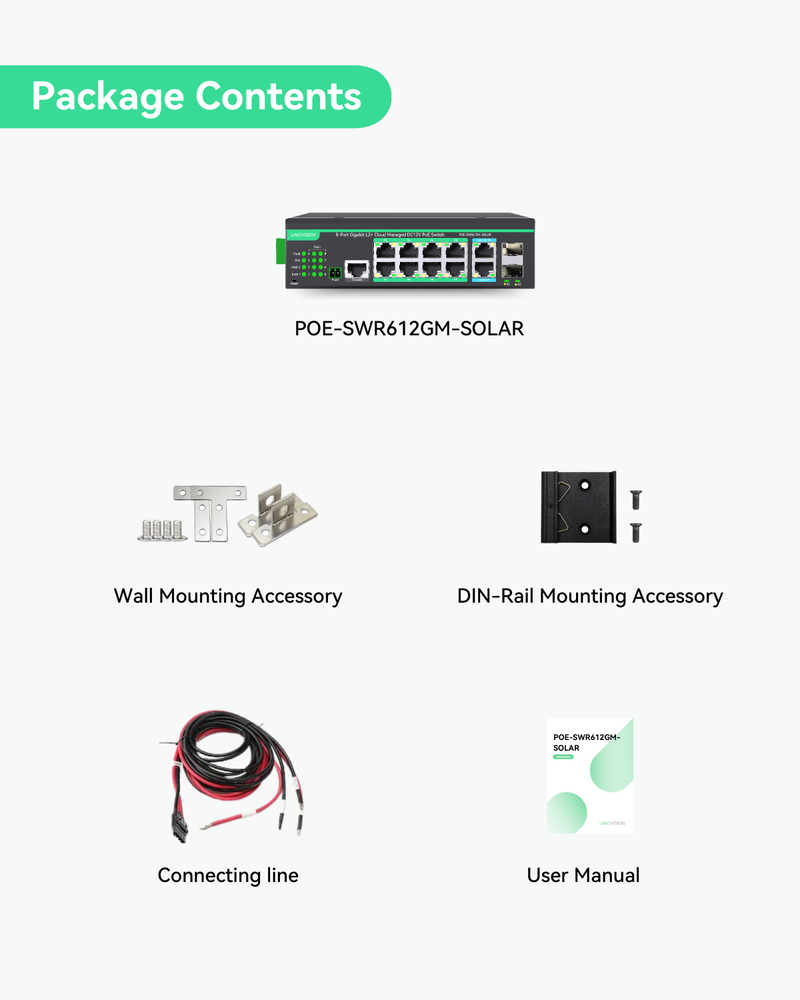 12 Ports L2+ Cloud Managed PoE Switch with DC8V to DC57V Voltage Booster (POE-SWR612GM-SOLAR)