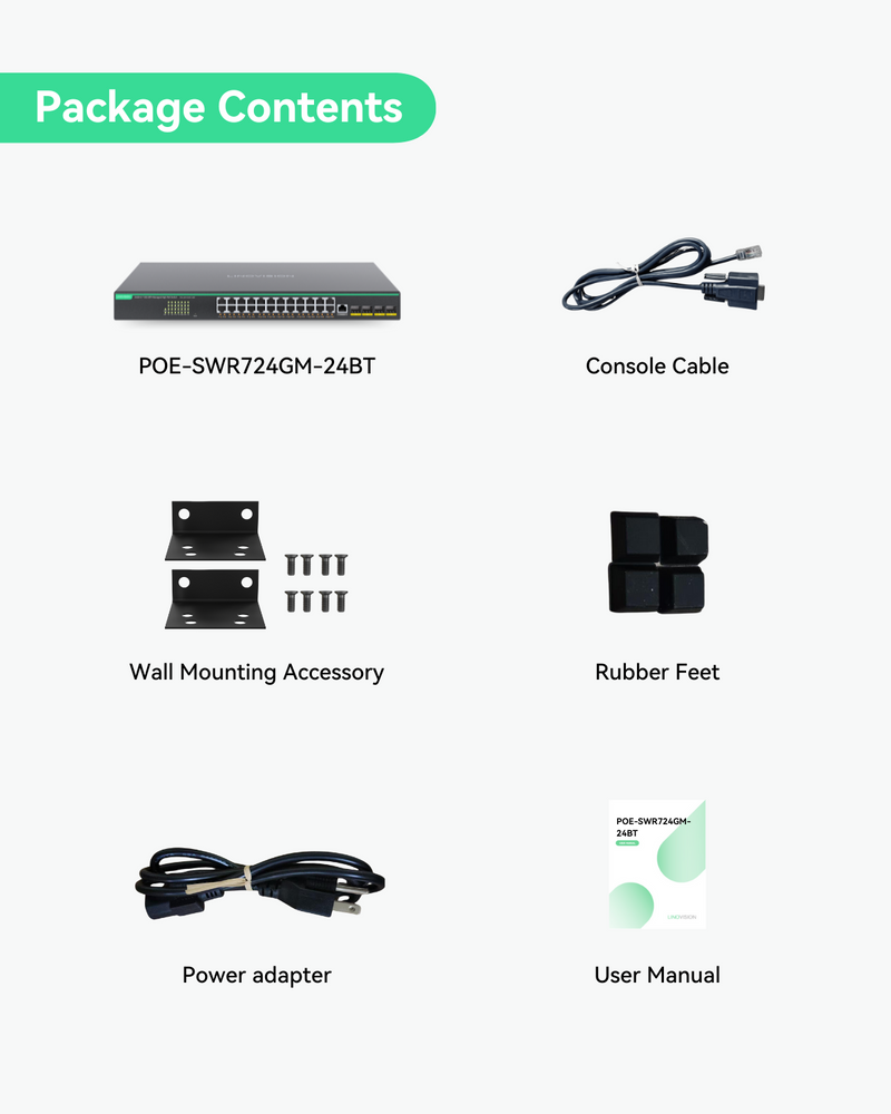 24 Ports Full Gigabit L3 Cloud Managed BT PoE Switch, Total PoE Budget 720W, 4x 10G SFP Uplinks (POE-SWR724GM-24BT)