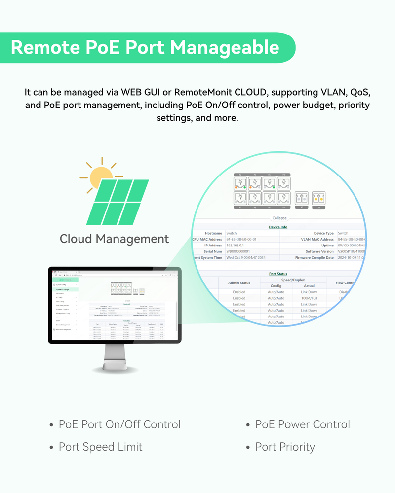 (POE-SWR608G-Solar) Industrial 8 Ports Full Gigabit PoE Switch Support DC 8~57V Input, 24V / 12V PoE Switch for Solar or RV UPS System