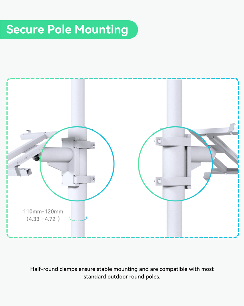 (Bracket-PanelOnePM) Pole mount bracket for solar power panel single unit installation, adjustable width 49cm to 71cm