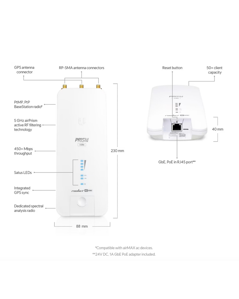 Ubiquiti Rocket Prism AC airMAX ac BaseStation with airPrism, suitable for PtP or PtMP links in high-noise environments. (UBNT-RP-5AC-GEN2 )