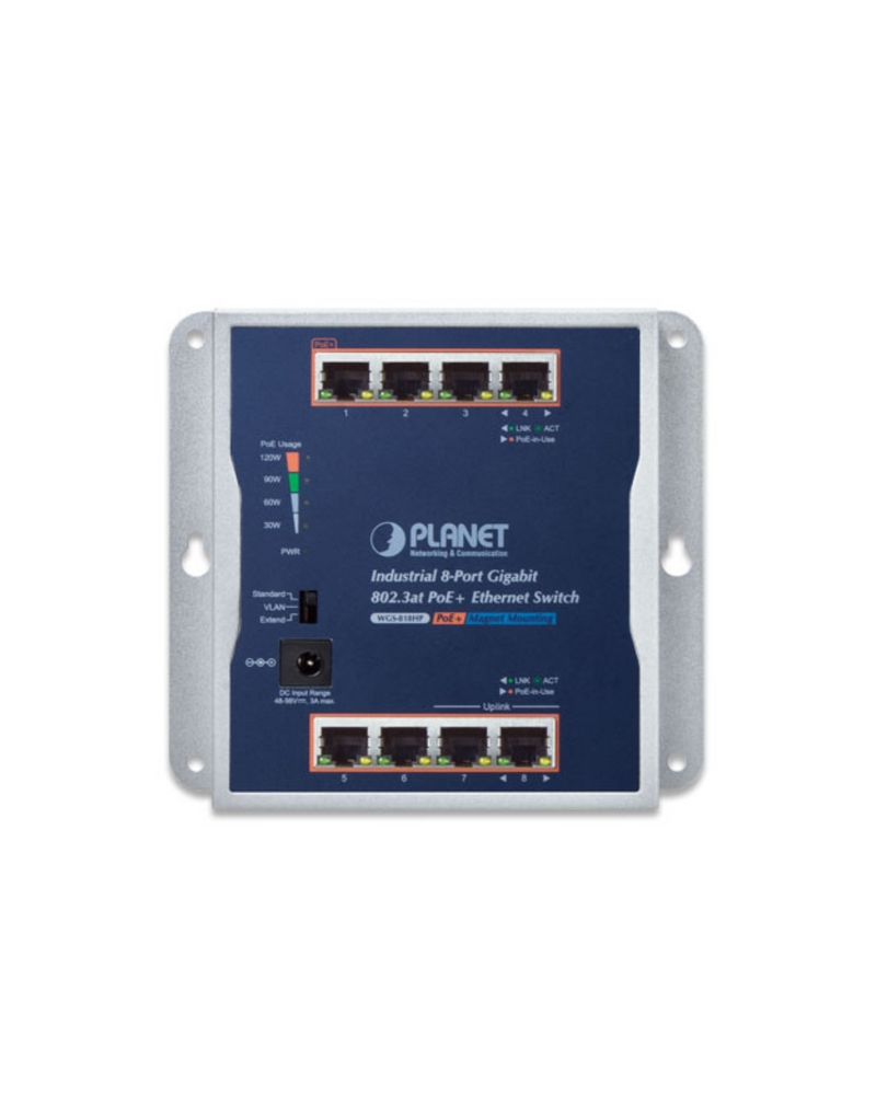 PLANET Industrial Wall-Mount FLAT Type 8-Port PoE+Switch, Total PoE Budget 120W.