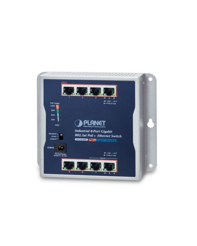 PLANET Industrial Wall-Mount FLAT Type 8-Port PoE+Switch, Total PoE Budget 120W.