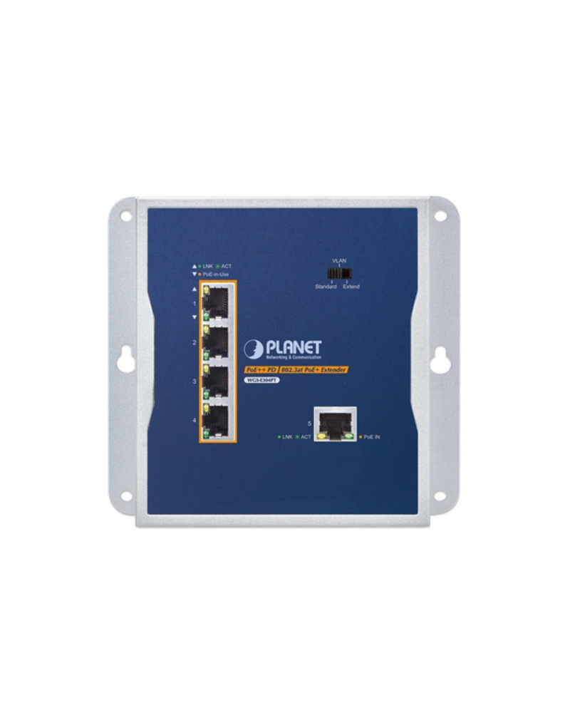 PLANET Industrial Wall-Mount Flat Type 4-Port Passthrough PoE Switch & PoE Extender