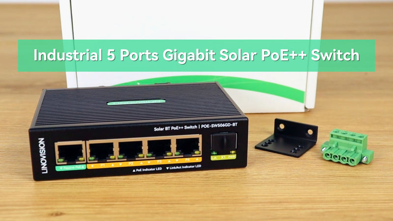 (POE-SW506GD-BT) 5 Ports Solar DC12V BT PoE++ Switch Support DC 9-54V Input