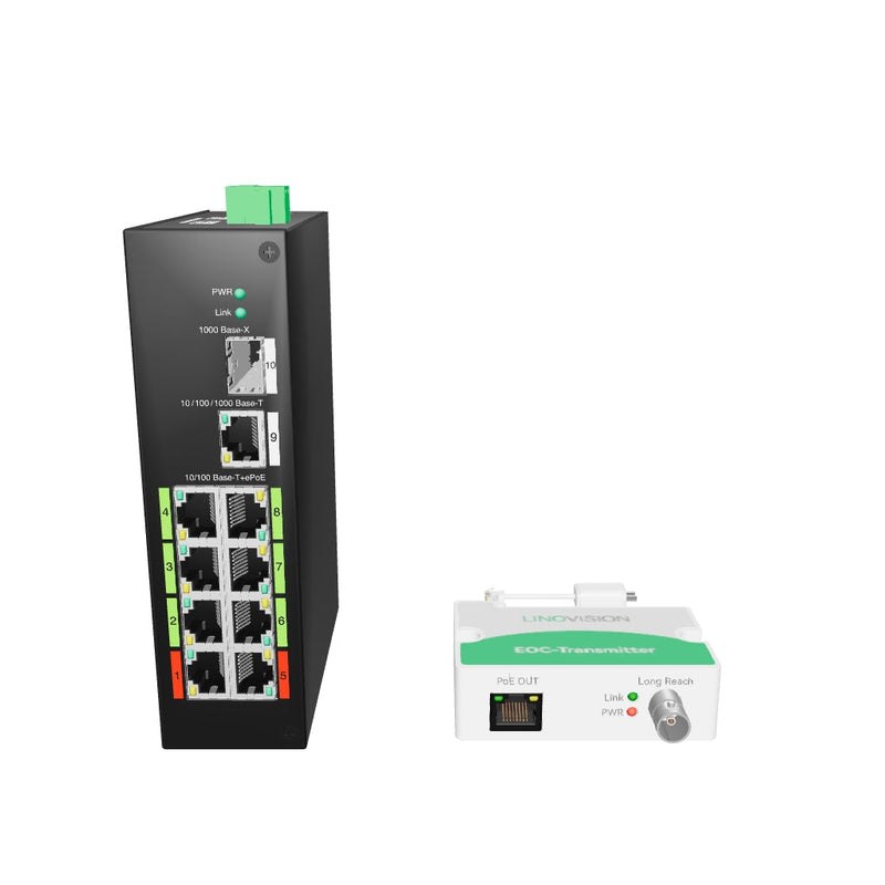 Commutateur ePOE hybride POE et EOC industriel à 8 ports avec technologie Ethernet sur coaxial Prend en charge la transmission POE sur coaxial Livré avec 4 adaptateurs EOC et émetteurs EOC