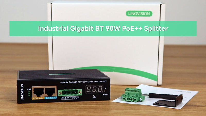 (POE-SP02BTV) Industrial 802.3bt Gigabit 90W PoE++Splitter with 24V DC output and Adjustable Output Voltage3-36VDC