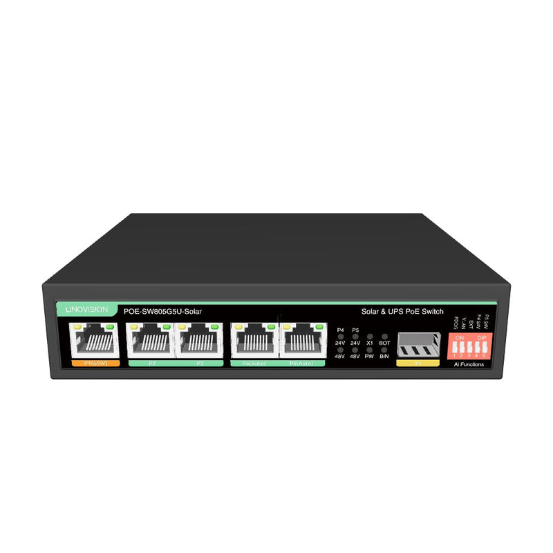 5 Ports UPS and Solar PoE Switch with built-in Solar Charge Controller