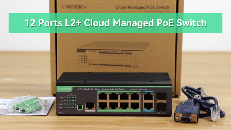 12 Ports L2+ Cloud Managed PoE Switch with DC8V to DC57V Voltage Booster (POE-SWR612GM-SOLAR)