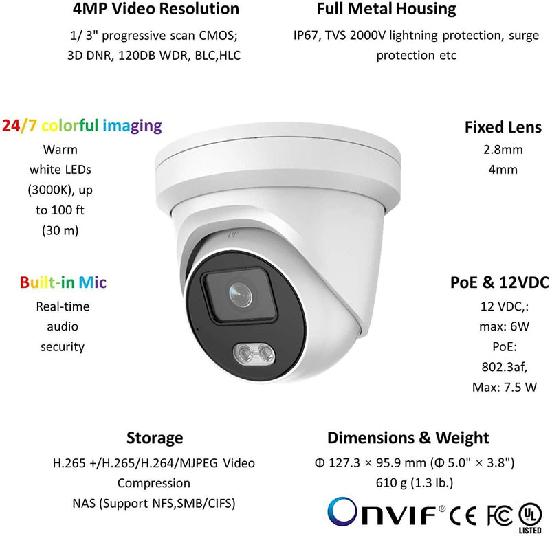 Hikvision OEM DS-2CD2347G1-LU 4 MP ColorVu Fixed Turret Network PoE Camera 4mm