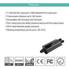 2 Port Gigabit POE++  Extender 802.3 bt Max 81W Output IP67 Outdoor Industrial POE Repeater - LINOVISION US Store